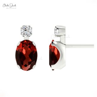 Delicate 2 Stone Earrings With 1.9 Ct Red Garnet Gemstone And Diamond 14k Pure Gold Studs