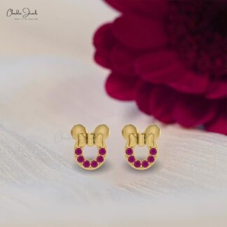 Solid 14k Gold Mickey Mouse Head With Pave Set 2mm Burma Ruby Kids Earrings