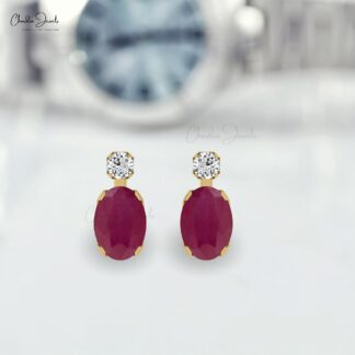 Natural Burma Ruby Oval Cut Studs With Diamond Accents In 14k Pure Gold 2 Stone Earrings