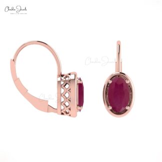 Prong Set 7x5mm Burma Ruby Lever Back Hoop Earrings in 14k Solid Gold Fine Jewelry
