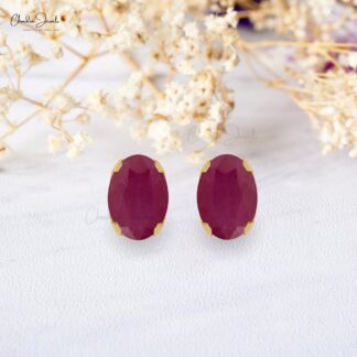 Solitaire 0.82Ct Burma Ruby July Birthstone Delicate Studs In 14k Real Gold