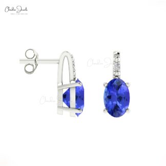 Sparkling Blue Tanzanite & Diamond Accented Earrings 6x4mm Oval Cut Natural Gemstone Minimalist Jewelry For Gift