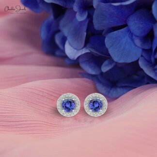 Dazzling Tanzanite & Diamond Halo Studs 14k Gold Prong Set Earrings For Birthday Gift