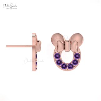 Genuine AAA Amethyst 0.72 Ct Pave Set Mickey Mouse Earrings, 2mm Round Brilliant Cut February Birthstone Gemstone Earrings, 14k Real Gold Hallmarked Jewelry For Her