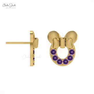 Genuine AAA Amethyst 0.72 Ct Pave Set Mickey Mouse Earrings, 2mm Round Brilliant Cut February Birthstone Gemstone Earrings, 14k Real Gold Hallmarked Jewelry For Her