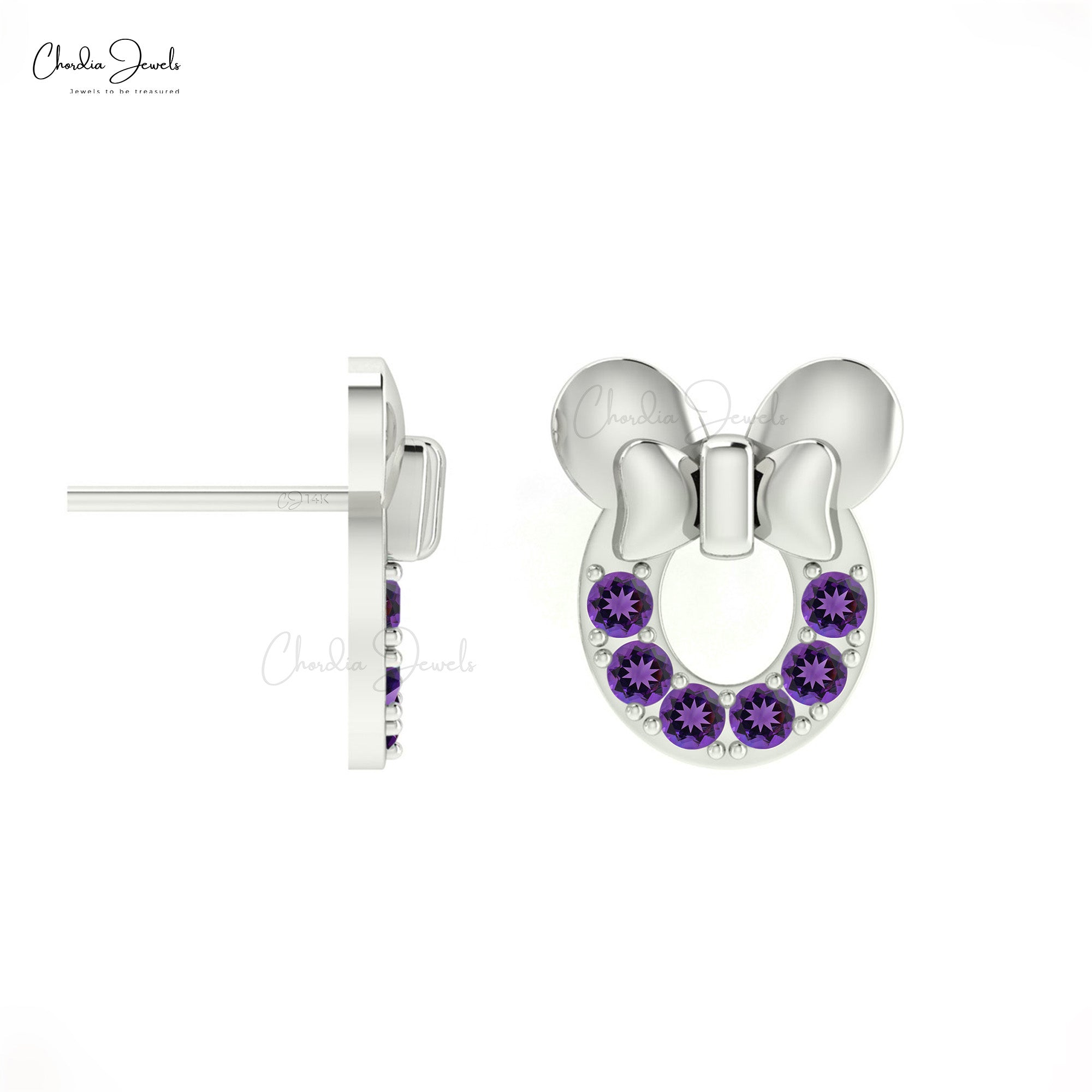 Genuine AAA Amethyst 0.72 Ct Pave Set Mickey Mouse Earrings, 2mm Round Brilliant Cut February Birthstone Gemstone Earrings, 14k Real Gold Hallmarked Jewelry For Her