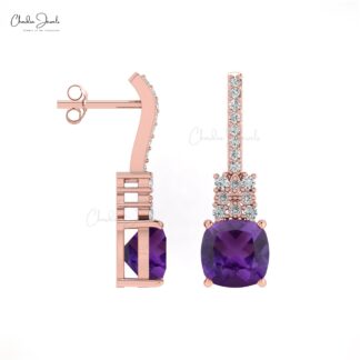 Cluster Diamond Earring With 6mm Amethyst And Diamond Push Back Studs In 14k Real Gold