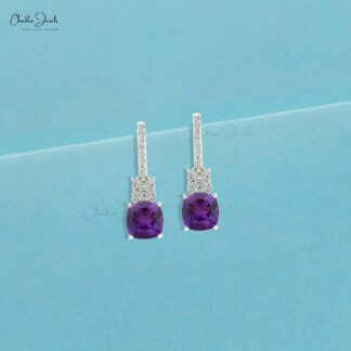 Cluster Diamond Earring With 6mm Amethyst And Diamond Push Back Studs In 14k Real Gold