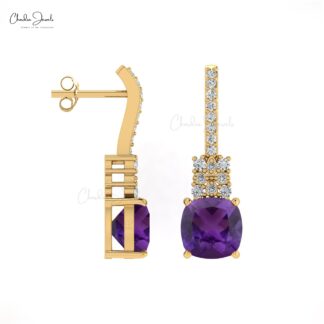 Cluster Diamond Earring With 6mm Amethyst And Diamond Push Back Studs In 14k Real Gold
