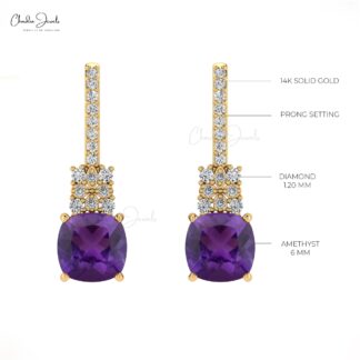 Cluster Diamond Earring With 6mm Amethyst And Diamond Push Back Studs In 14k Real Gold