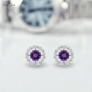 Real 14k Gold Sharing Prong Set White Diamond Detachable Earrings, 4mm Round Brilliant Cut Genuine Amethyst Earrings, 0.44 Ct February Birthstone Gemstone Minimalist Jewelry