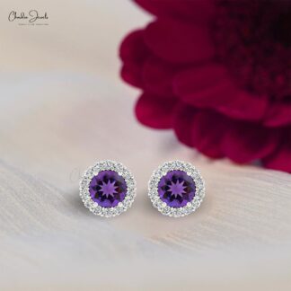 Round 4mm Brilliant Cut 4-Prong Set Genstone Halo Earrings, 14k Real Gold Diamond Earrings For Birthday Gift, 0.44 Ct February Birthstone Natural Amethyst Minimalist Jewelry