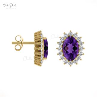Genuine Purple Amethyst 6x4mm Oval Cut Halo Earrings, 14 Solid Gold April Birthstone Diamond Wedding Earrings, 0.88 Ct Gemstone Hallmarked Jewelry For Her