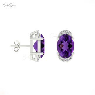 Solid 14k Gold Diamond Half Halo Studs With Push Back, 7x5mm Oval Cut 4-Prong Set Authentic Amethsyt Stud Earrings, 1.44 Ct February Birthstone Purple Gemstone Gift Jewelry