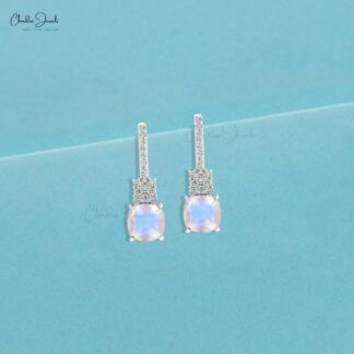 Rainbow Moonstone & Round Cut Diamond Studded Earring in 14K Gold