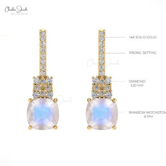 Rainbow Moonstone & Round Cut Diamond Studded Earring in 14K Gold