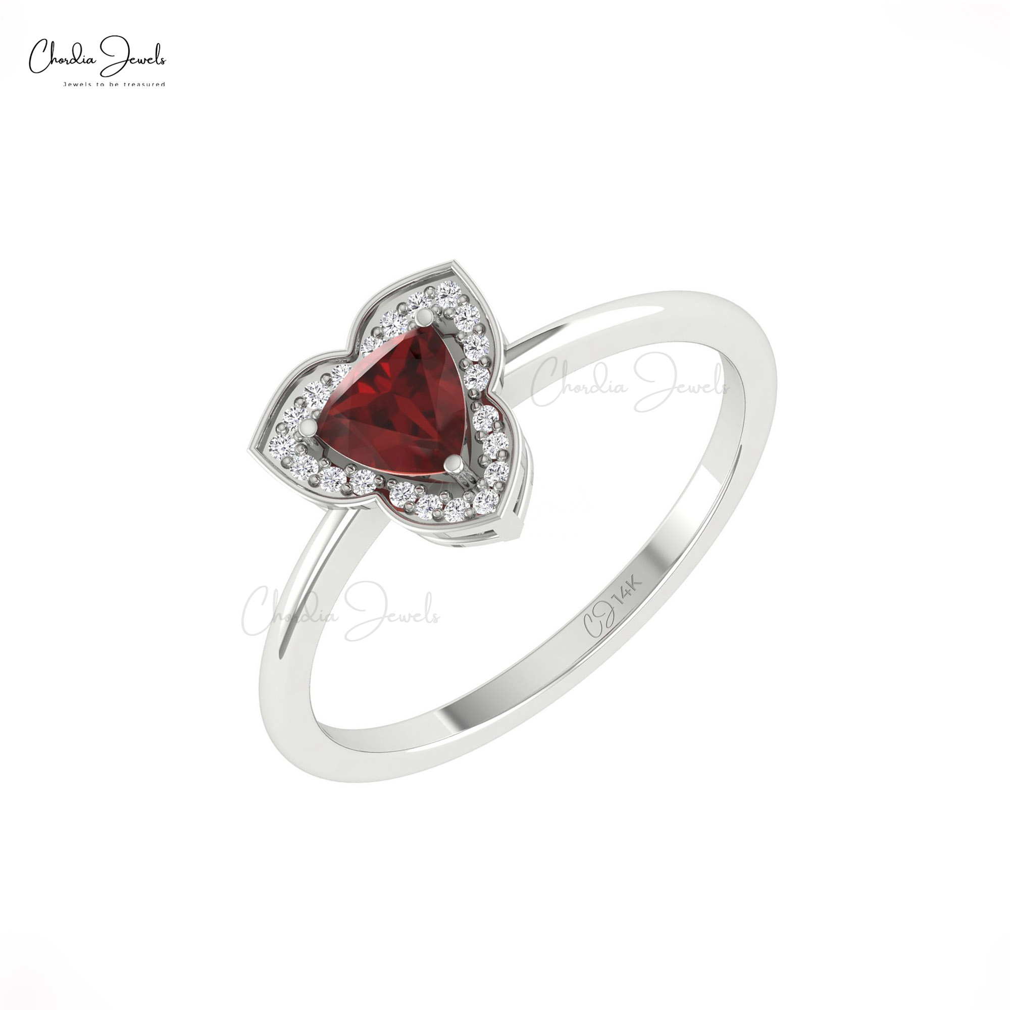 Trillion garnet and diamond halo ring