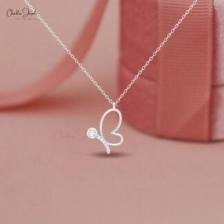 CJ Butterfly Charm Necklace with 16mm White Diamond in 14K Solid Gold