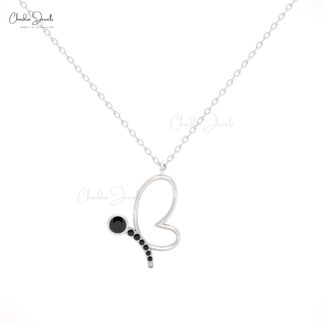 Butterfly Charm Necklace with Black Diamond in 14K Solid Gold