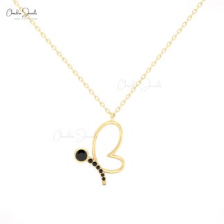 Butterfly Charm Necklace with Black Diamond in 14K Solid Gold
