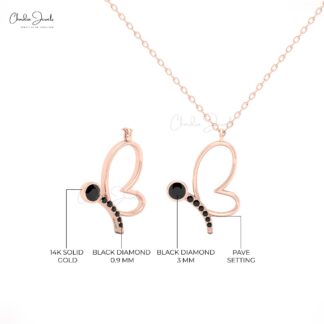 Butterfly Charm Necklace with Black Diamond in 14K Solid Gold