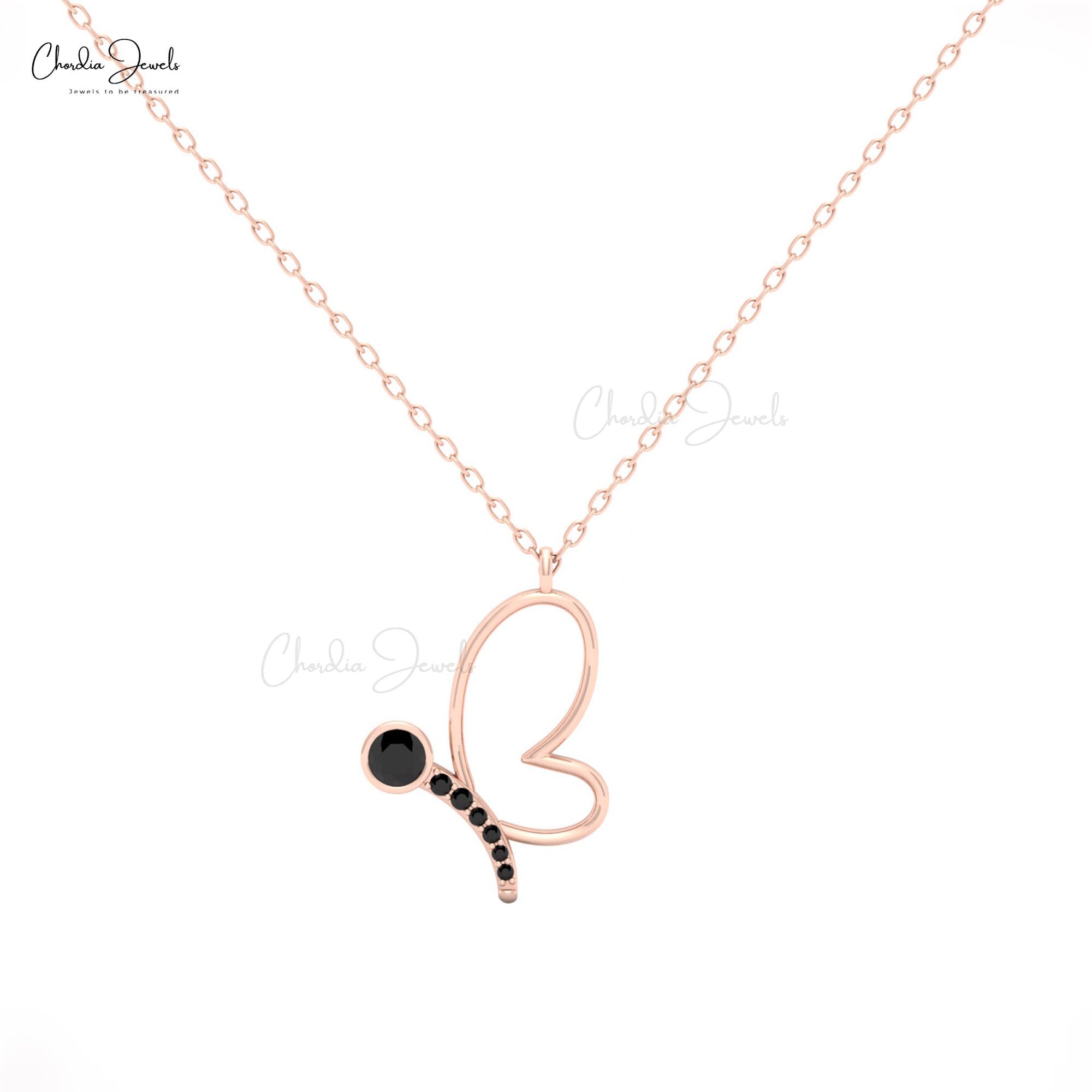 Butterfly Charm Necklace with Black Diamond in 14K Solid Gold