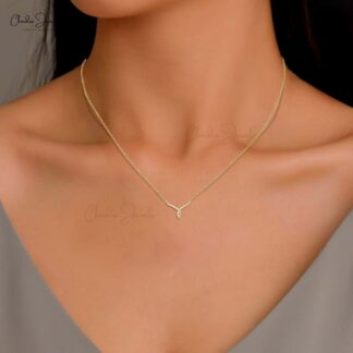 Twisted V Necklace in 14K Solid Gold with White Diamonds for Wedding