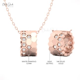 Honeycomb Diamond Pendant Necklace in 14K Solid Gold with White Diamonds