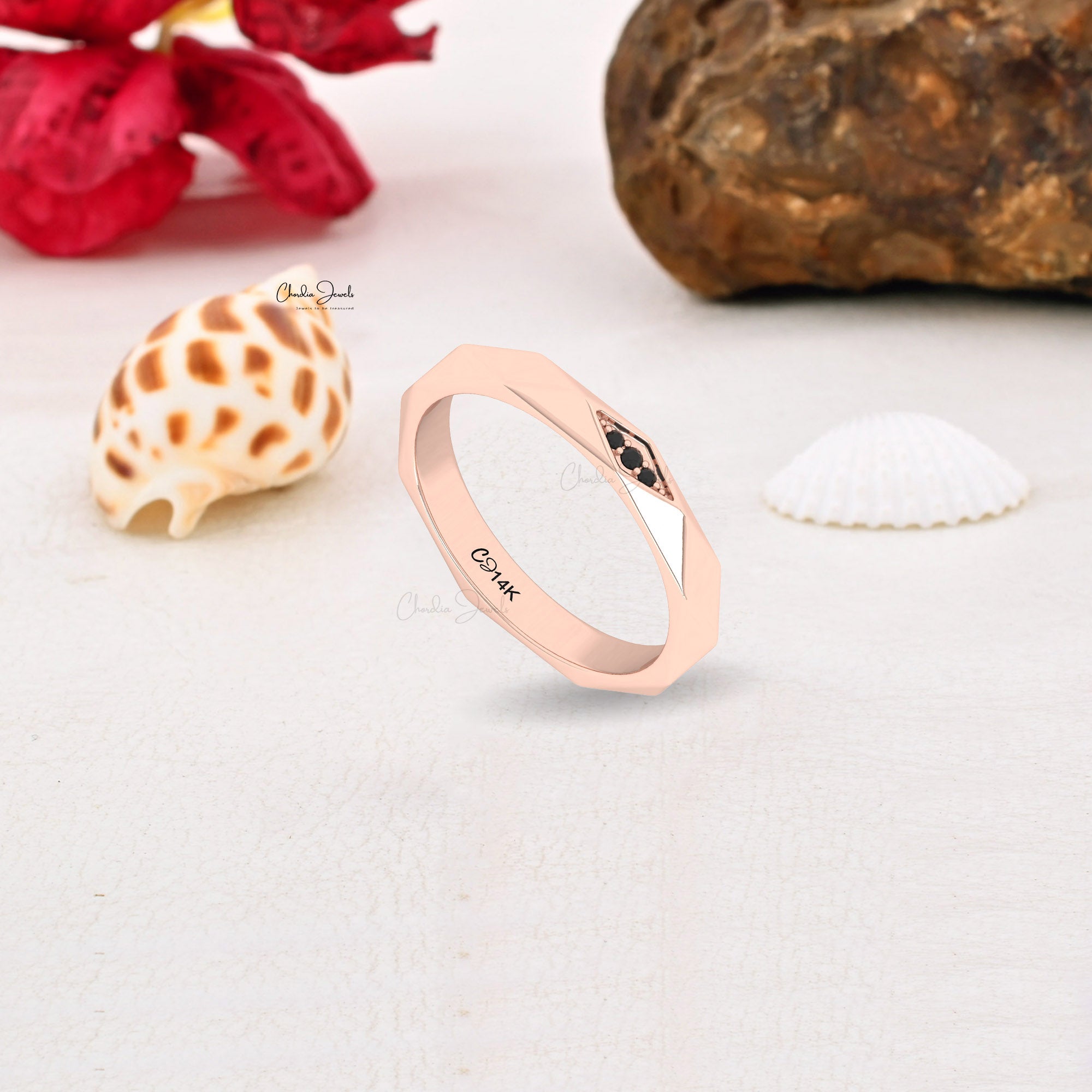 Minimalist Geometric 14K Gold Ring with Black Diamonds in Yellow Gold