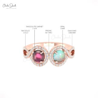 Pure 14k Gold 2 Halo Diamond Ring With 5mm Pink Tourmaline And Fire Opal Engagement Rings