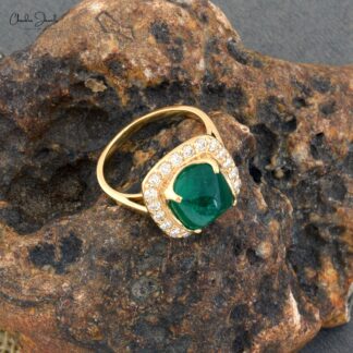 Halo Engagement Ring With 9.5mm Emerald Gemstone And Diamond 14k Yellow Gold Ring Sizesss US7