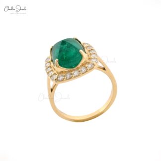 Halo Engagement Ring With 9.5mm Emerald Gemstone And Diamond 14k Yellow Gold Ring Sizesss US7