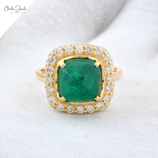 Halo Engagement Ring With 9.5mm Emerald Gemstone And Diamond 14k Yellow Gold Ring Sizesss US7