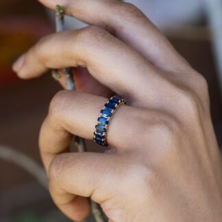 Eternity Gemstone Band In 14k Real Yellow Gold Blue Sapphire 5x3mm Oval Wedding Ring