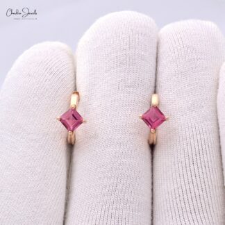 Solitaire Huggies Hoop With 0.6 Ct Pink Tourmaline Latch Back Earrings In 14k Rose Gold