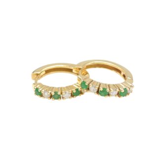 Emerald Huggie Hoop Earrings in 14K Solid Yellow Gold with Diamonds
