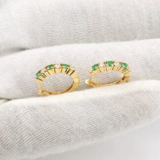 14K Yellow Gold Emerald Huggie Hoop Earrings with Dainty Diamonds