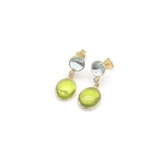 Oval Peridot Dangle Earring With 6mm Aquamarine Diamond 14k Yellow Gold 3 Stone Earrings