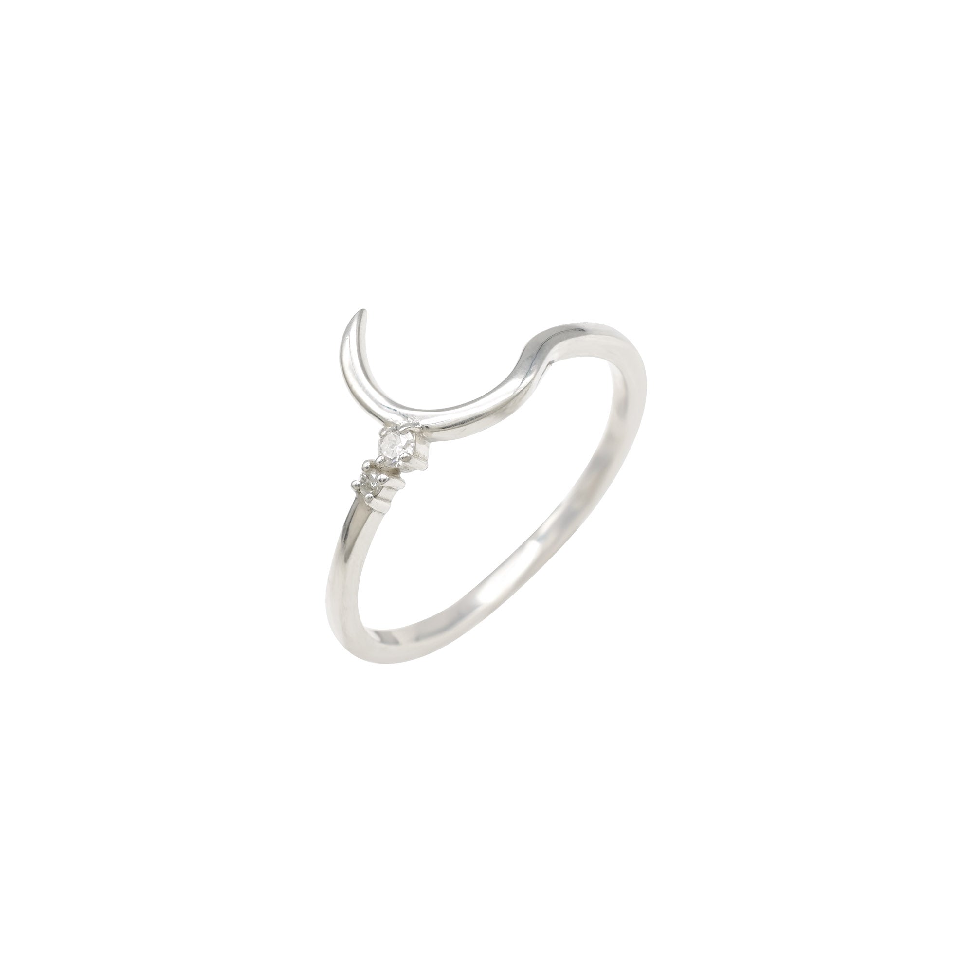 Genuine White Diamond 0.05 Ct Round Prong Set In 925 Sterling Silver Half Moon Ring