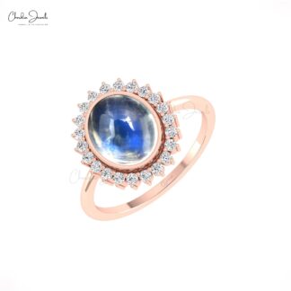 Pure 14k Gold Halo Diamond Ring With 10x8mm Rainbow Moonstone Engagement Rings For Her