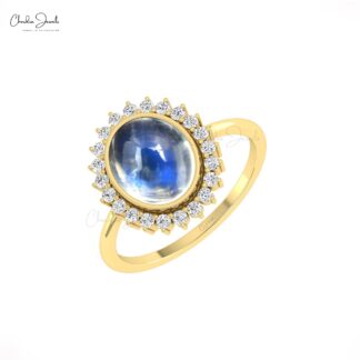Pure 14k Gold Halo Diamond Ring With 10x8mm Rainbow Moonstone Engagement Rings For Her