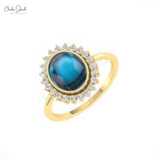 Diamond Halo Wedding Ring In 14k Solid Gold London Blue Topaz Bezel Set Hallmark Ring