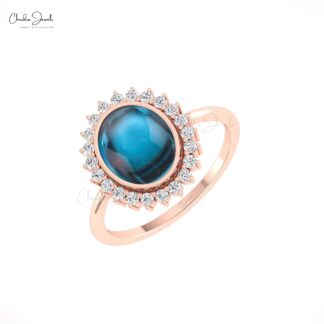 Diamond Halo Wedding Ring In 14k Solid Gold London Blue Topaz Bezel Set Hallmark Ring