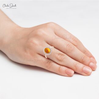 Delicate Citrine Statement Ring With Halo Diamond 14k Real Gold Handmade Rings For Her