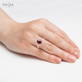 Natural Red Garnet Halo Ring In Pure 14k Gold G-H Diamond Hallmarked Jewelry For Women