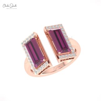 Natural Rhodolite Garnet Baguette Ring In Solid 14k Gold Diamond Half Halo Wedding Rings