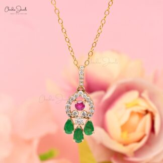 Dangle Multi Stone Pendant In 14k Yellow Gold Emerald & Ruby Diamond Cluster Necklace