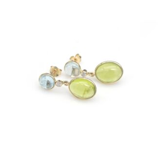 Bezel Set Trio Earring With 8x6mm Peridot And Aquamarine Diamond 14k Yellow Gold Earrings