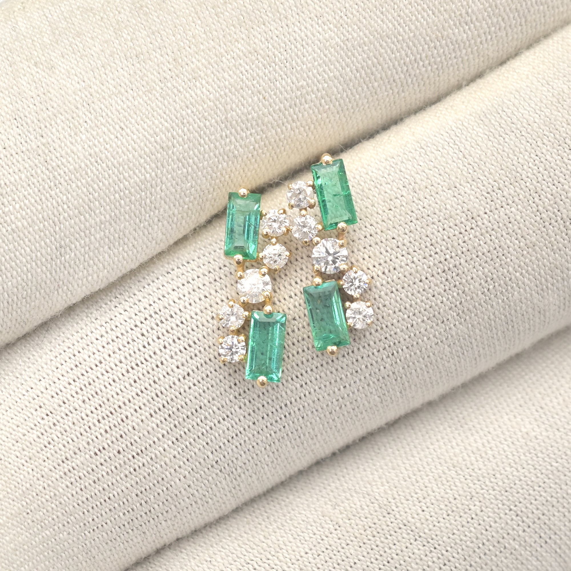 Baguette Cluster Studs In 14k Solid Yellow Gold Emerald And Diamond Dainty Earrings