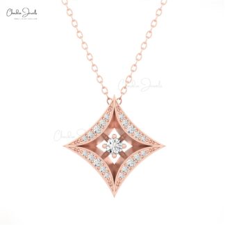 Real 14k Gold Star Pendant With 0.274 Ct White Diamond Halo Wedding Necklace